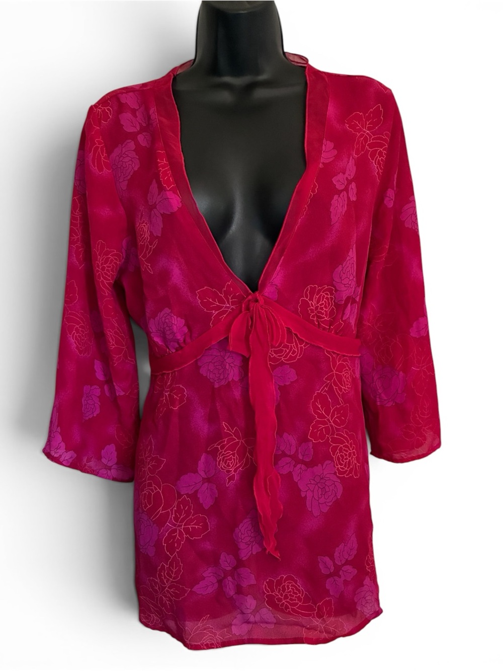 Vintage 90s Fuchsia Pink Watercolor Floral Tie-Front Maternity Blouse Size M